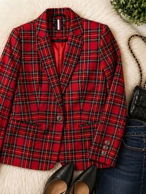Tommy Hilfiger Red Tartan Plaid Blazer Tailored Jacket Size 6